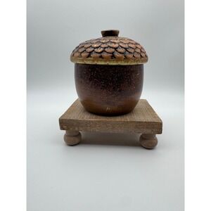 Ceramic Acorn Lidded Jar Fall Harvest Decor Brown Gold Speckled Pottery 5.5 inch